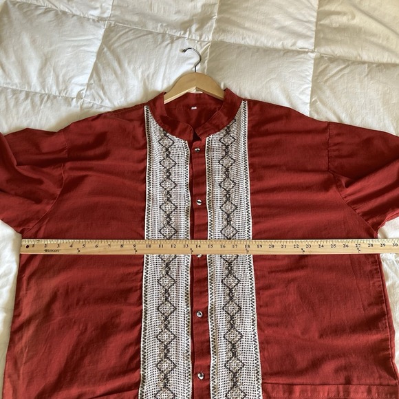 Guayabera Mexican Shirt Cotton Linen Mens 3X Brick Red Boho Embroidery Festival - Picture 9 of 13